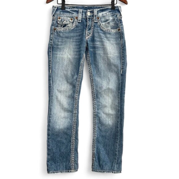 True Religion Jeans Women 27 Blue Light Wash 100% Cotton Low Rise USA Western - Picture 1 of 16